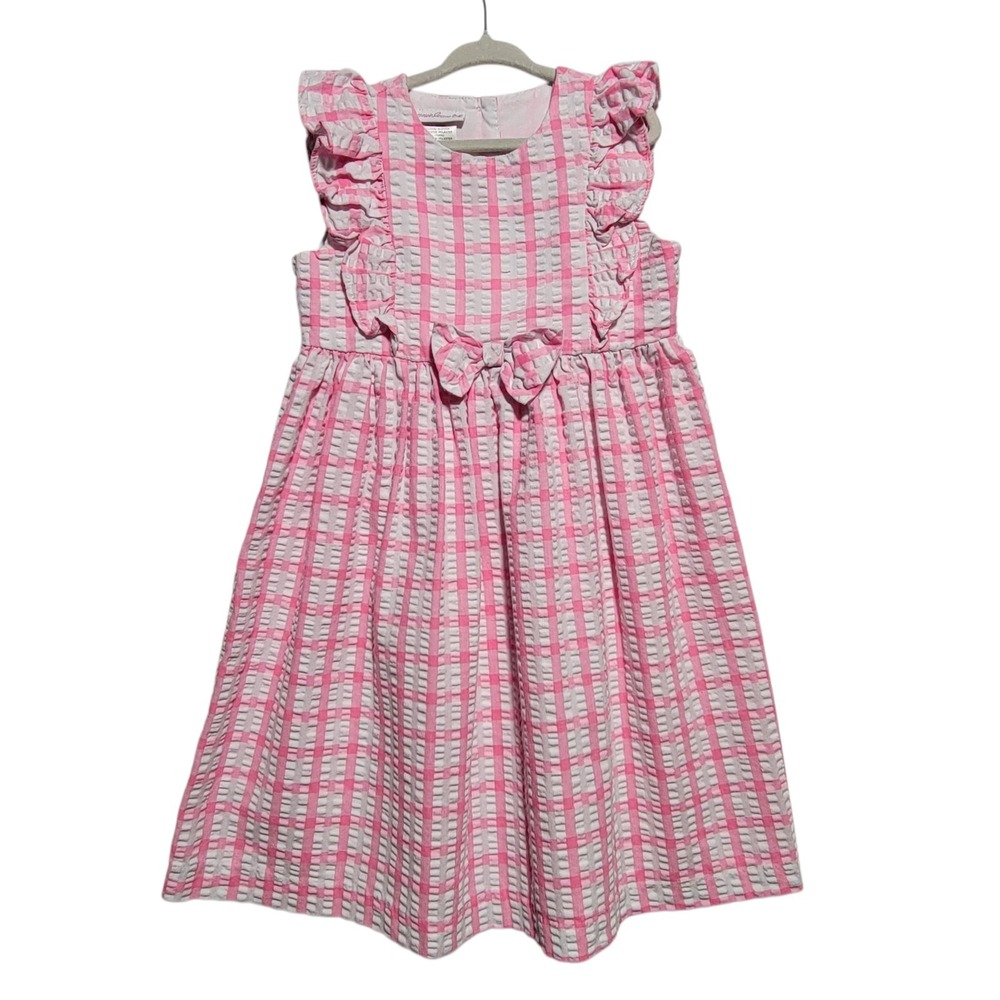 Bonnie Jean Girls‎ Size 6 Flutter Sleeve Seersucker Pink White Dress Bow Ruffle
